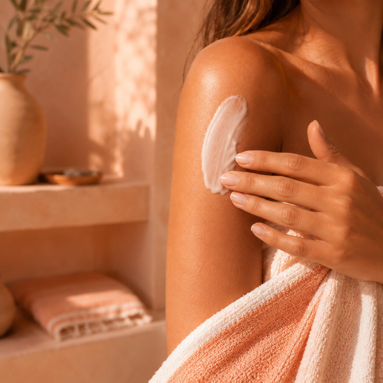 UNIQA DOPOSOLE_una ragazza applica sulla pelle abbronzata UNIQA DOPOSOLE sulla pelle e lo spalma dopo aver fatto la doccia