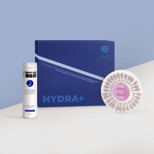 Cofanetto per una skincare idratante del brand UNIQA con Acido Ialuronico e Vitamina E Forte in monodose (capsule di Tocoferolo al 10% di concentrazione)