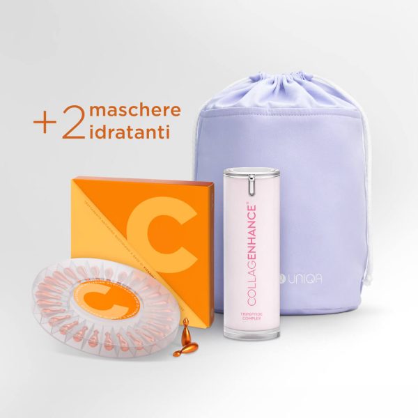 Una speciale Bag che promuove la produzione e il mantenimento del collagene per la pelle con UNIQA VITAMINA C in monodose, il siero viso Collagenhance, un Basket in cotone lilla e 2 maschere idrtatanti per compleatre la beauty routine