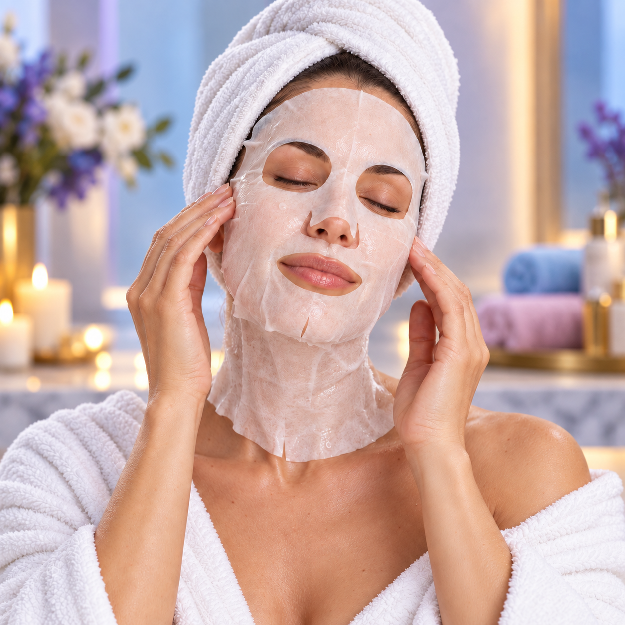 Una donna applica la maschera viso all'acido ialuronico UNIQA HYALU MASK